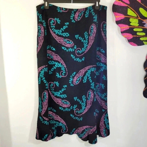 CLEARANCE Vintage Notations Skirt Paisley Print Pink Aqua Ruffle Hem Stretchy XL - Picture 12 of 12